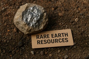 A close-up shot of a rare earth resource stone lying on soil. 