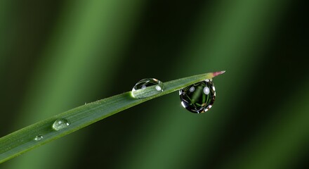 Close up of water droplets on a blade of grass against a green background