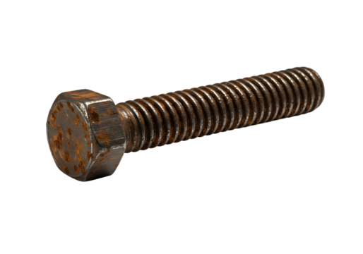 Close-up of a rusty hex bolt on a white background.