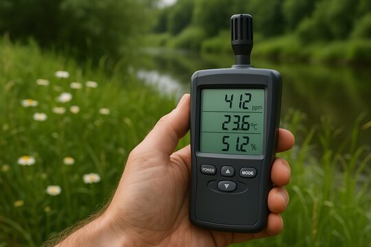 Close-up of a hand holding an environmental meter. 