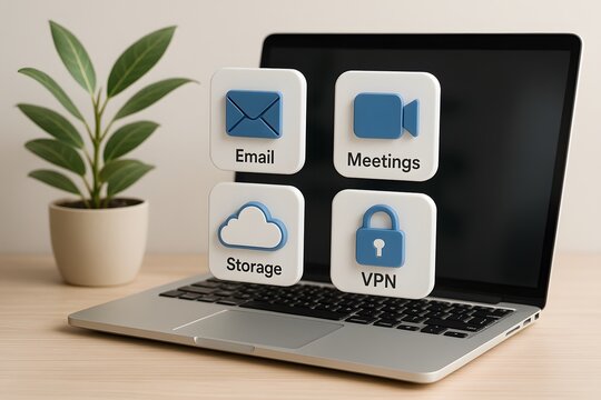 Laptop computer showcasing modern business and communication icons.