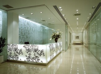 A modern, light-filled office hallway features a sleek reception desk with a decorative floral pattern.