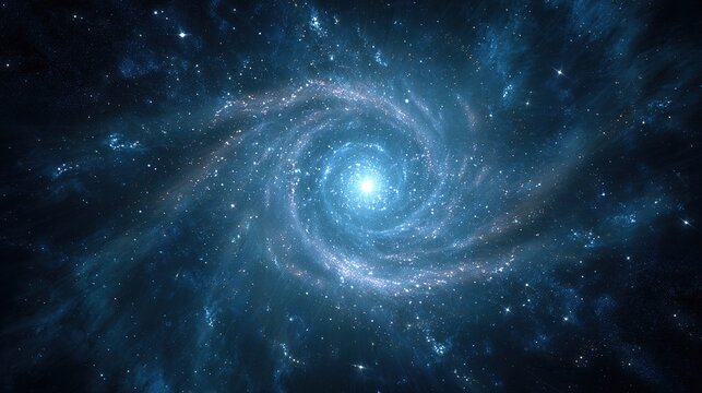 A cosmic spiral galaxy shines brightly in a vast, deep blue space filled with countless stars