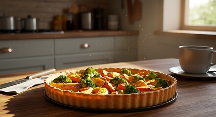 Delicious vegetable quiche on wooden table in bright kitchen setting
