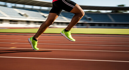 Dynamic shot of a runner's legs in motion on an athletic track, blurring the background to convey speed and focus. Fitness and determination.







