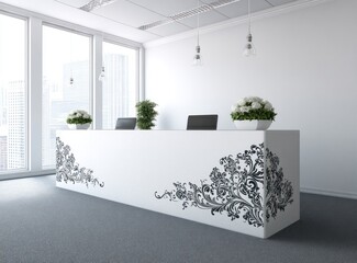 A modern office reception desk, adorned with intricate black floral patterns, stands against a bright white backdrop.