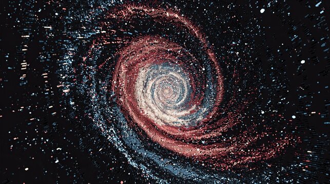 Animated spiral galaxy illustration featuring swirling red/blue particles against a black void - Powered by Adobe