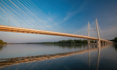 Obraz premium A modern suspension bridge over calm water, mirroring a clear blue sky and distant greenery