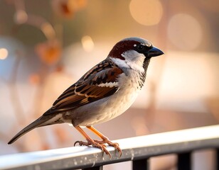 Close-up of a sparrow perched on a railing