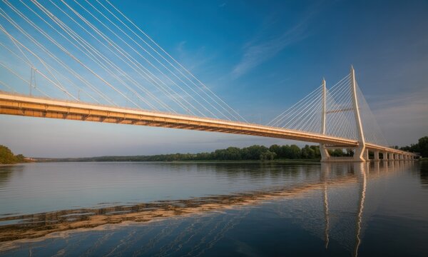 A modern suspension bridge over calm water, mirroring a clear blue sky and distant greenery