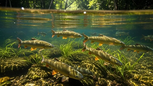 A group of Malaysian mahseer fish swimming in a crystal-clear jungle stream at Kelah Sanctuary, sunlight reflecting on ripples