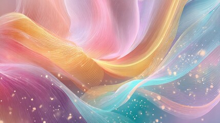 Abstract ethereal ribbons flow, colored in pastel shades, with sparkling bokeh elements