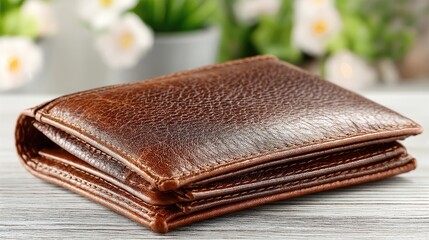 Elegant Brown Leather Wallet on Wooden Table Surrounded by Flowers