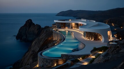 Stunning modern cliffside villa with a glowing infinity pool offers ultimate luxury and serene ocean views