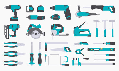 Fototapeta premium Collection of working tools. Repair and construction tools icon set. Hammer, pliers, chisel, file, screwdriver, brush, spatula, wrench, saw, drill, ruler, grinder, tool box. Vector flat illustration.
