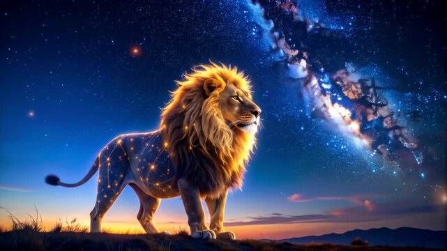 Majestic lion in a starry night setting, a captivating celestial fantasy artwork