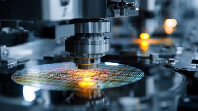 A close-up view of advanced semiconductor wafer processing inside a modern cleanroom facility, showcasing precision machinery, high-tech innovation, and futuristic chip manufacturing technology