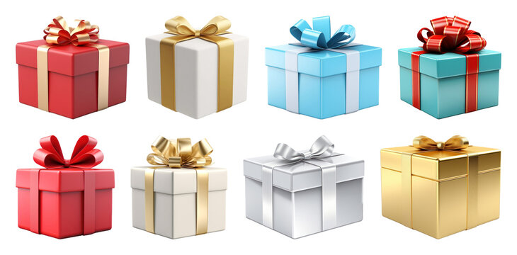 PNG Colorful gift boxes with ribbons, element set on transparent background
