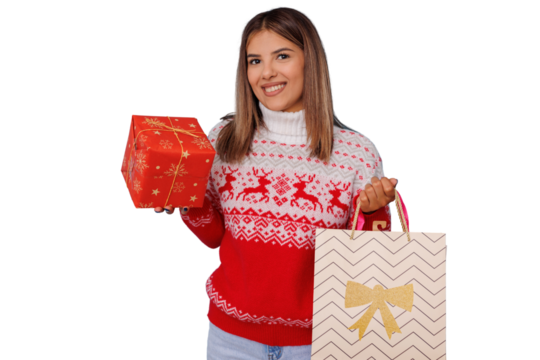 Happy woman holding christmas gift and shopping bag, enjoying holiday season and festive shopping