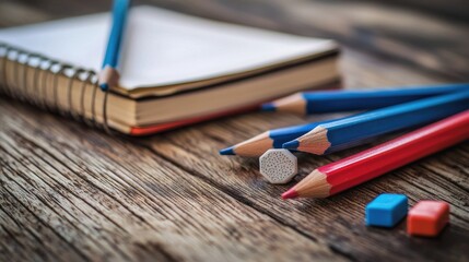 Colorful Pencils and Notepad on Rustic Wooden Table Surface