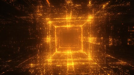 Glowing geometric tunnel of light; square perspective, depth and radiant golden hues
