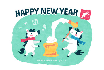 年賀状（午年） 餅つきをする馬 冬のかわいい系テンプレート