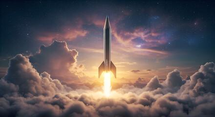Rocket soars through clouds into the night sky symbolizing ambition innovation and the pursuit of dreams with a powerful launch and bright flames.