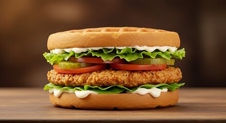 Delicious waffle sandwich with fresh vegetables on wooden surface