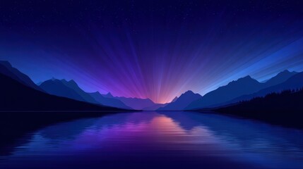 Scenic lake landscape at twilight with mountains and vibrant sky