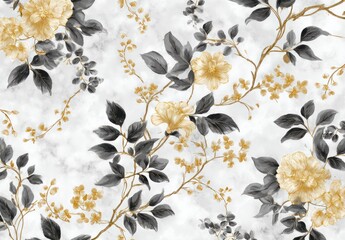 A delicate floral pattern, featuring soft yellow blossoms, dark gray foliage, and elegant stems, all set against a textured white marble background.