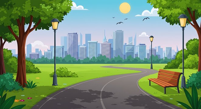 Scenic park view with path trees bench cityscape and sunny sky illustration - Powered by Adobe