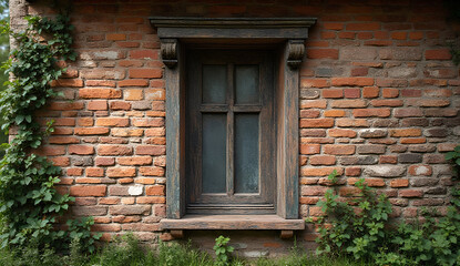 Rustic Wooden Window on Brick Wall