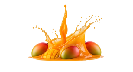 Mango Splash: A vibrant splash of fresh mango juice erupts around whole and sliced mangoes, creating a dynamic visual display of flavor and refreshment.