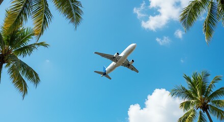 Airplane soaring through blue sky with palm trees framing