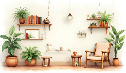 Fototapeta premium Cozy living room with plants and wooden shelves
