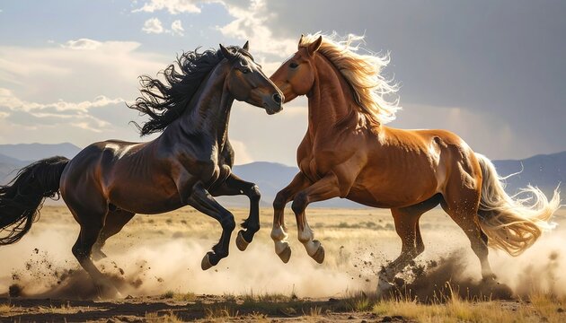 Two powerful horses running in a field