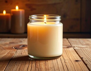 Candle in glass jar on wooden surface with other candles in background.