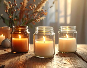 Three glowing candles in glass jars create a warm, cozy, and relaxing ambiance on a rustic wooden table.