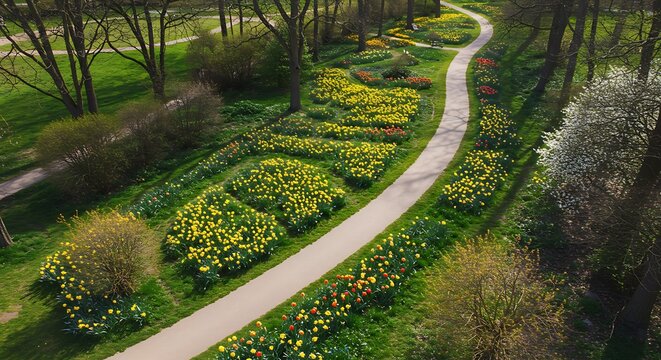 Scenic park path winding through vibrant flowerbeds and lush greenery