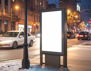 A blank illuminated advertising billboard mockup stands on a city street at night with blurred traffic in the background.