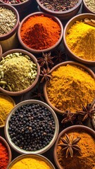 Overhead View of Colorful Spices in Wooden Bowls with Star Anise on Dark Surface