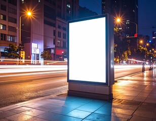 Blank illuminated billboard on a city street at night with blurred light trails from passing traffic.