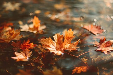 Reflective Autumn Serenity - Wet Orange Leaves on Gentle Waves.