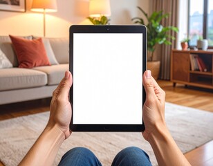 Person holding a tablet with a blank screen in a living room.