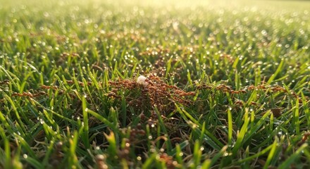 Morning Dew on Green Grass Blades in a Field.