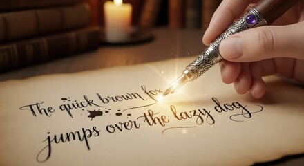 Hand writing a classic pangram with a magical glowing pen on old parchment.