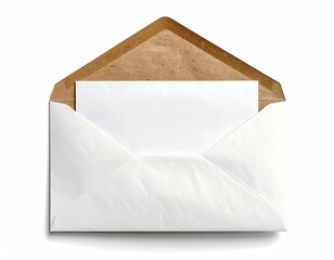 An open white envelope with a blank white card peeking out from the top, set against a white background.