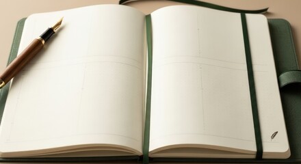 Open notebook with blank pages and fountain pen for writing.