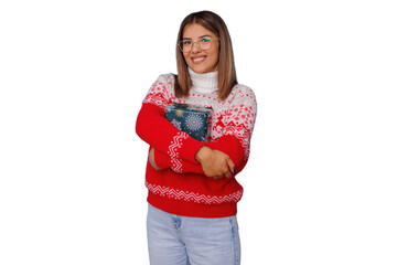 Smiling woman receiving christmas present, wearing festive holiday sweater and glasses, celebrating winter season