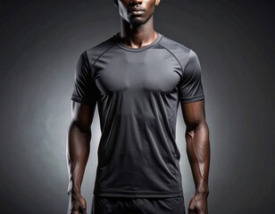 A fit Black man in a dark athletic t-shirt stands against a spotlighted grey background, showcasing activewear.
